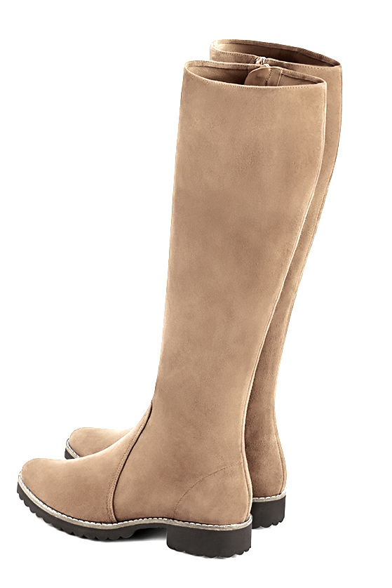 Tan beige women's riding knee-high boots. Round toe. Flat rubber soles. Made to measure. Rear view - Florence KOOIJMAN